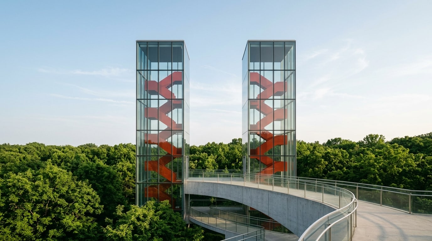 Twin Glass Towers with Red Staircase